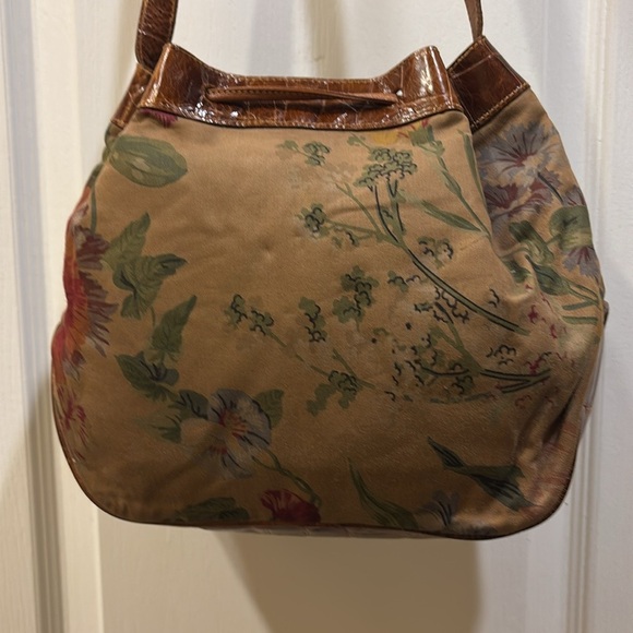 FURLA BRAND DARK TAN FLORAL CLOTH BUCKET LSTYLE BAG WITH LEATHER TIE CLOSURE❤️ - Picture 10 of 16